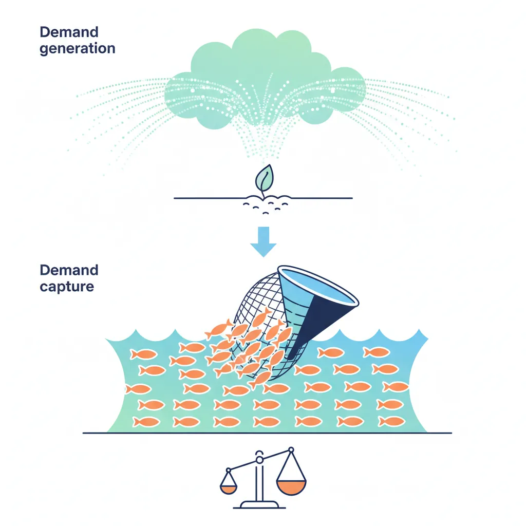 Diagram comparing demand generation and demand capture strategies with tactics and metrics for each approach