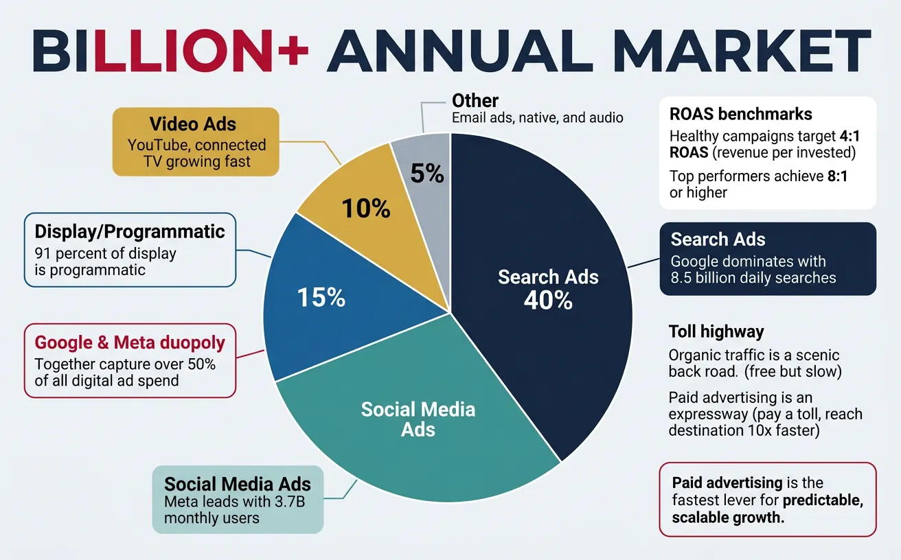 Digital advertising market breakdown showing search, social, display, and video channel share