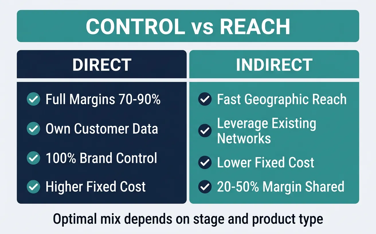 Comparison diagram showing tradeoffs between direct and indirect distribution models