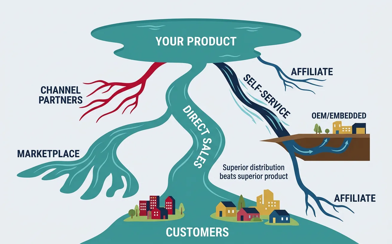 Diagram of product distribution as a river system flowing from source to customers