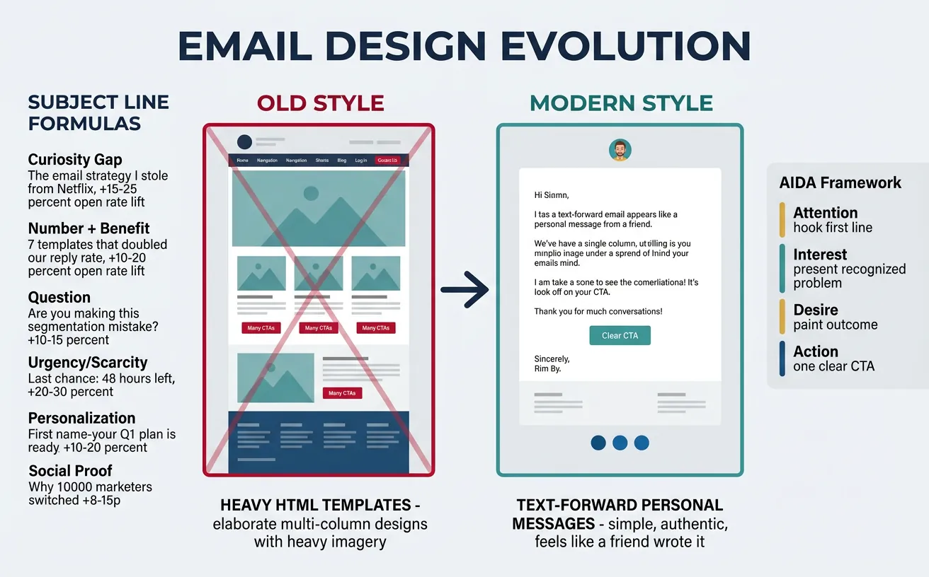 Modern email design evolution from heavy HTML templates to simple text-forward personal messages