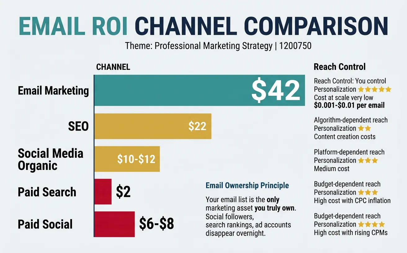Email marketing ROI comparison showing $36 return per $1 spent versus other digital channels