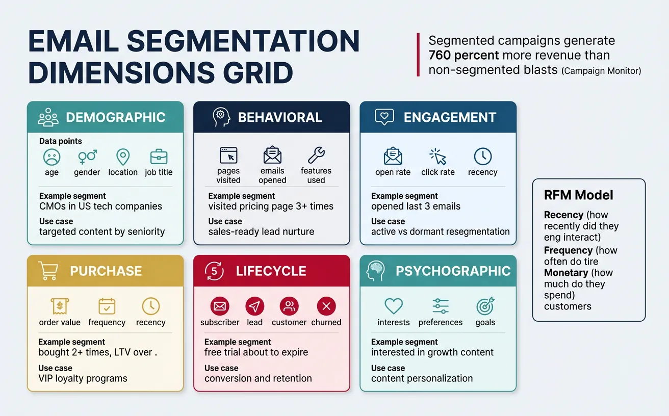 Email segmentation dimensions showing demographic, behavioral, engagement, purchase, and lifecycle criteria