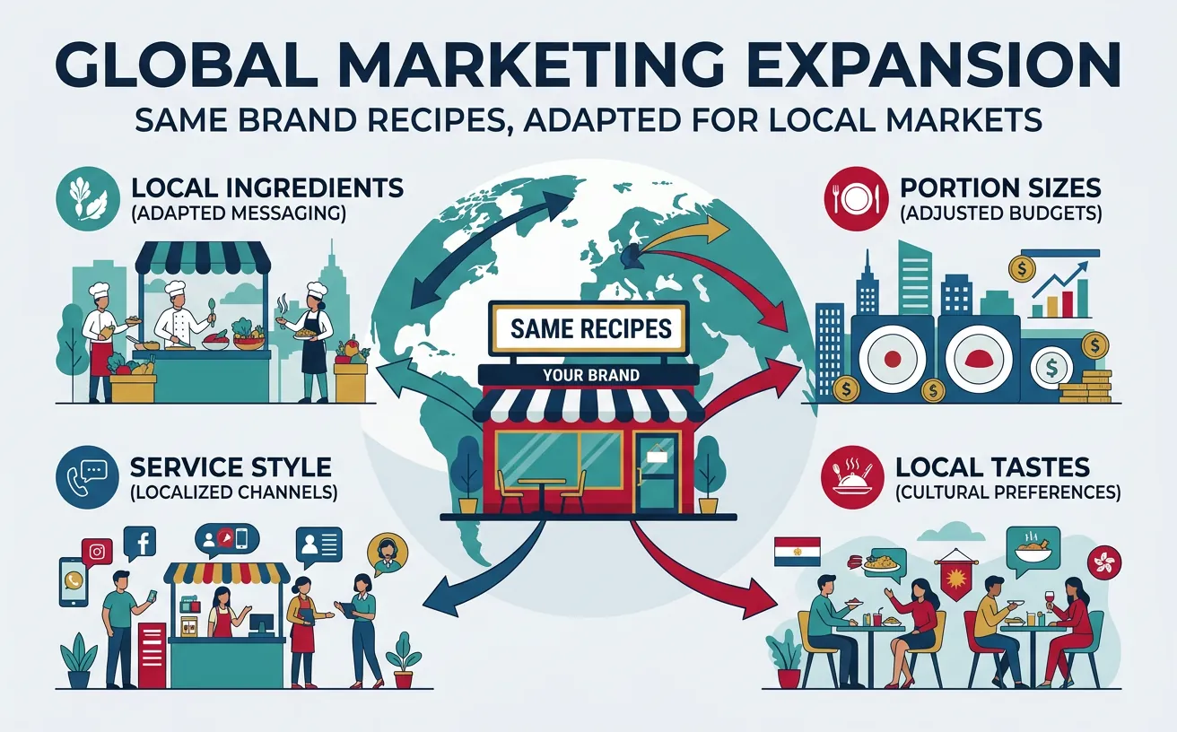 Diagram showing global marketing expansion adapted for different local markets
