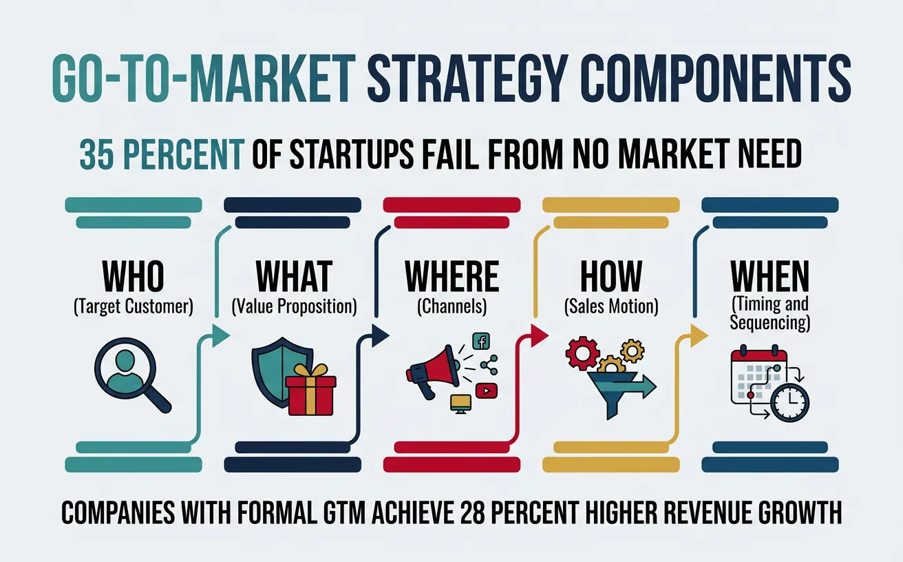 Diagram showing the five fundamental GTM questions: Who, What, Where, How, When