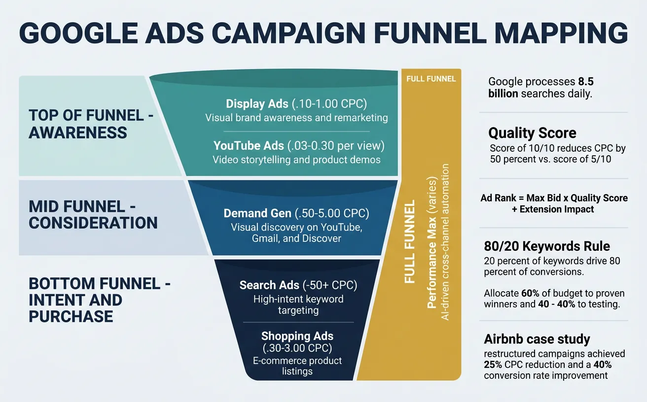 Google Ads campaign types mapped to marketing funnel stages from awareness to purchase