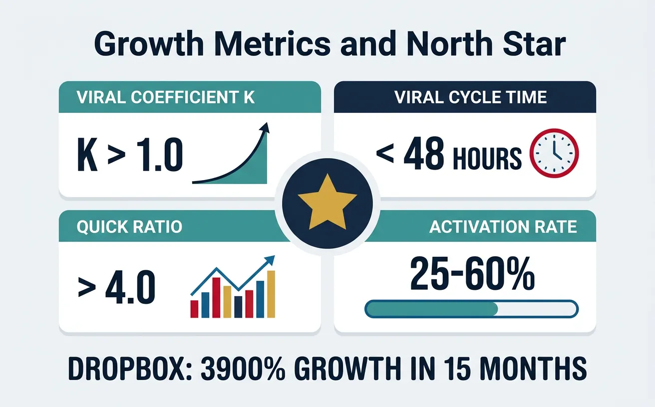 Growth metrics dashboard showing viral coefficient, activation rate, and quick ratio benchmarks