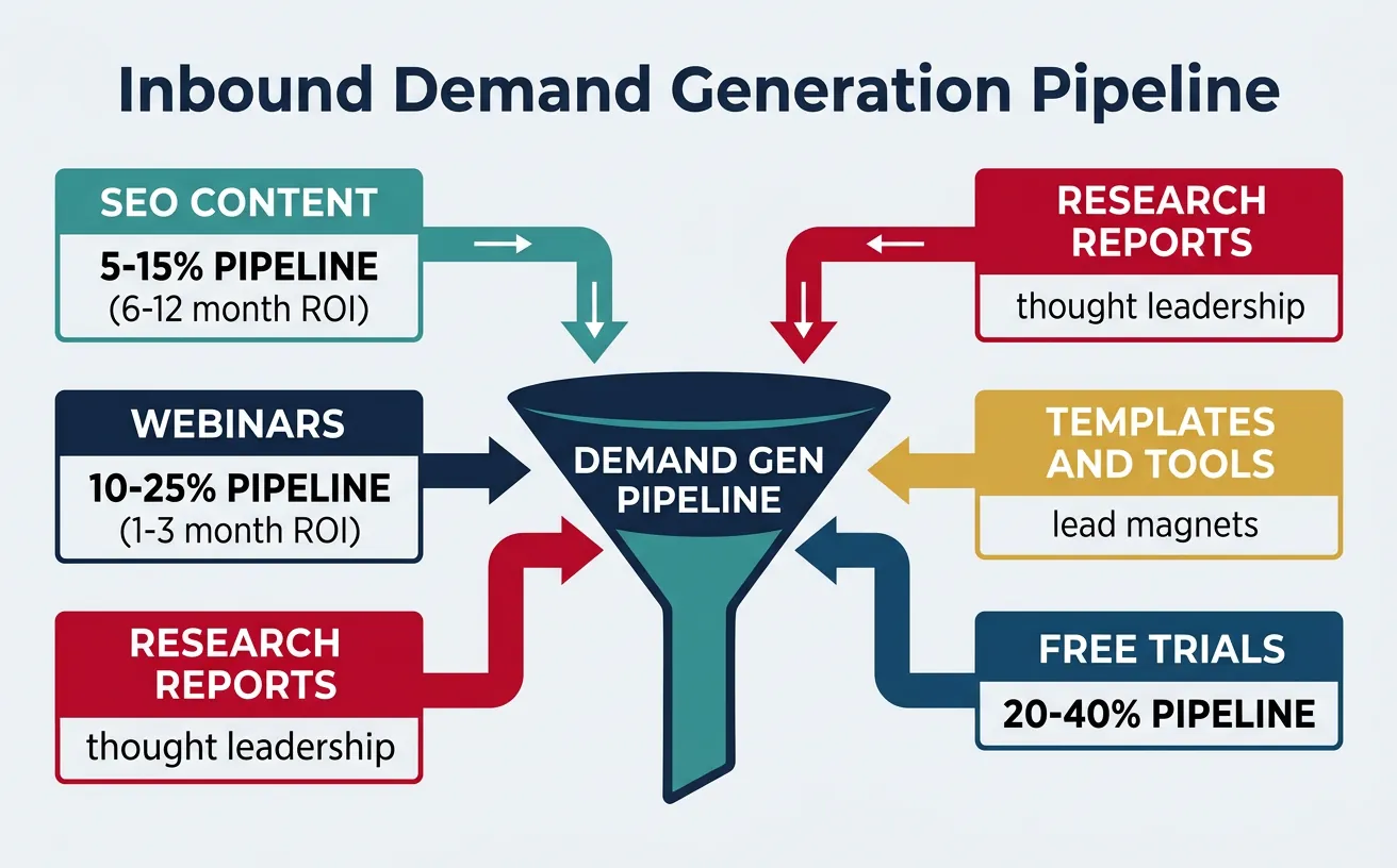 Inbound demand generation funnel showing SEO, webinars, research, templates, and free trials pipeline impact