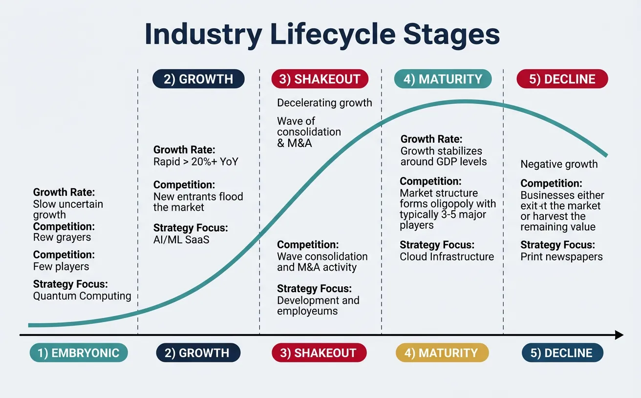 Industry lifecycle stages from embryonic to decline showing growth rate, competition, and strategy focus