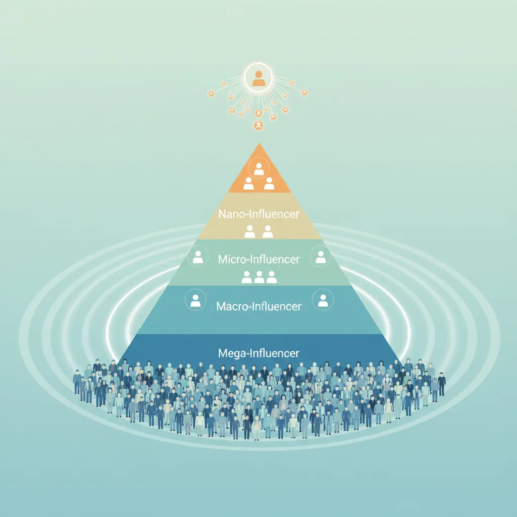Influencer tier pyramid from nano to mega showing engagement rate inversely correlated with follower count