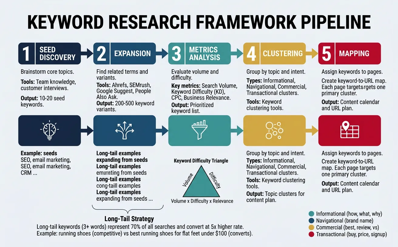 Keyword research process from seed discovery through clustering and mapping