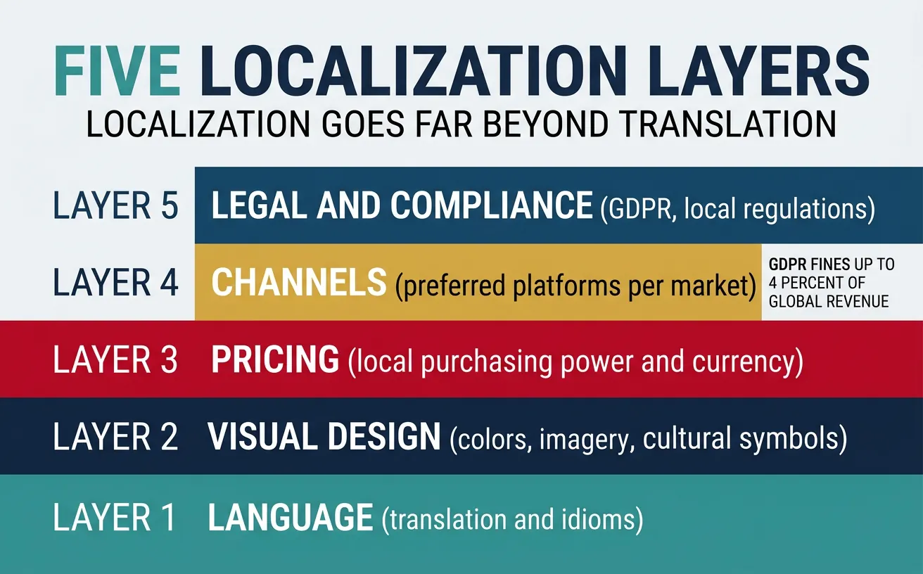 Layered diagram showing the five localization layers from language to legal compliance