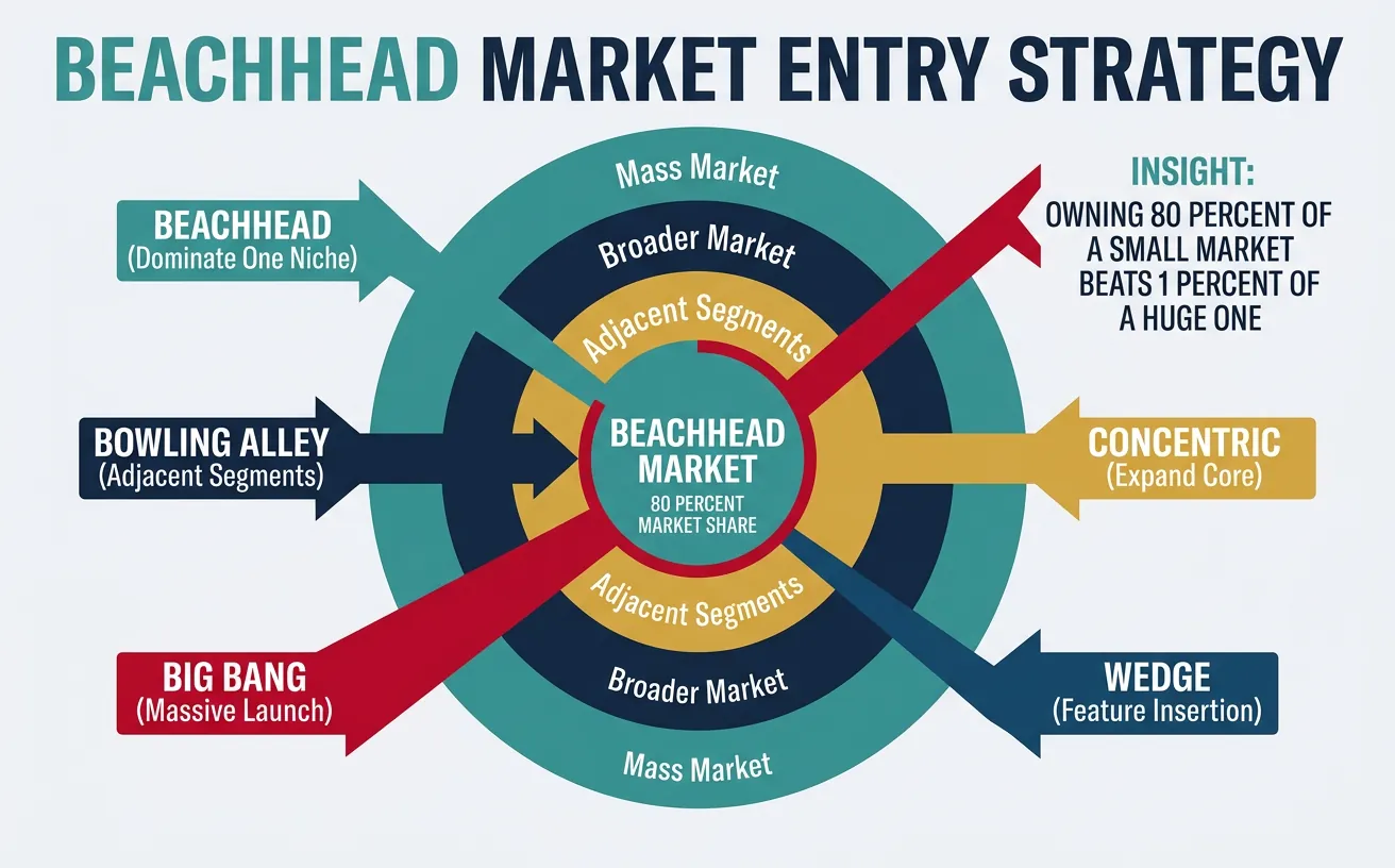 Visual showing the beachhead market entry strategy with niche domination expanding outward