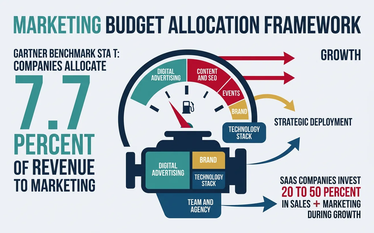 Diagram showing marketing budget allocation as fuel in a growth engine