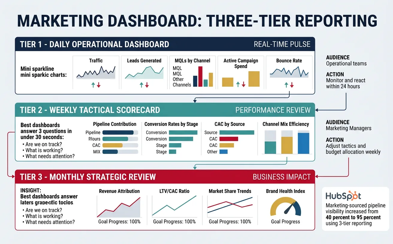 Marketing dashboard layout showing daily, weekly, and monthly reporting tiers