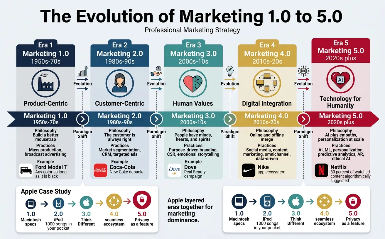 Timeline showing the evolution of marketing from 1.0 product-centric to 5.0 human-centric paradigms