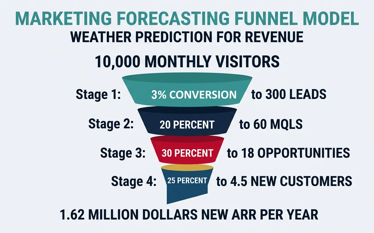 Funnel-based marketing forecasting model showing conversion rates at each stage