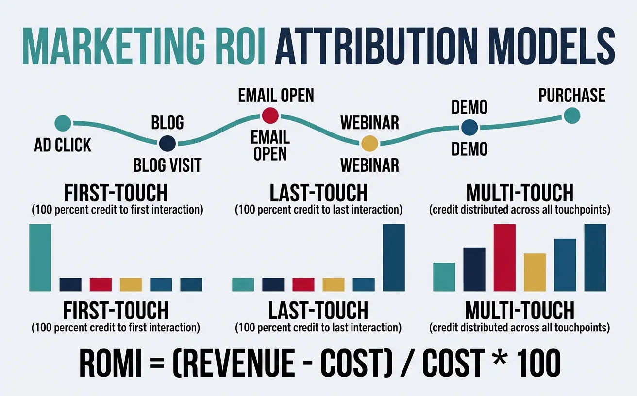 Comparison diagram of marketing ROI attribution models including first-touch, last-touch, and multi-touch