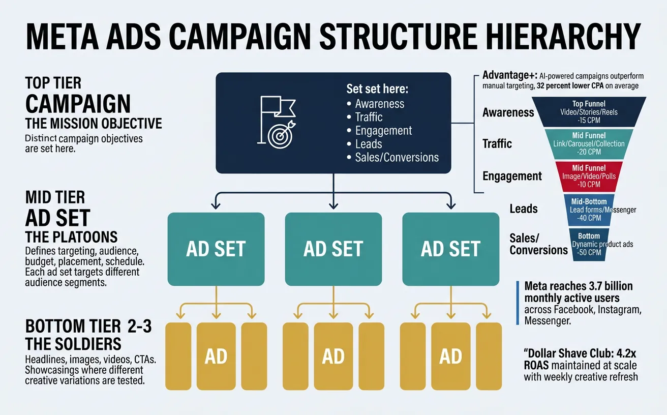 Meta Ads three-tier campaign structure showing Campaign, Ad Set, and Ad hierarchy