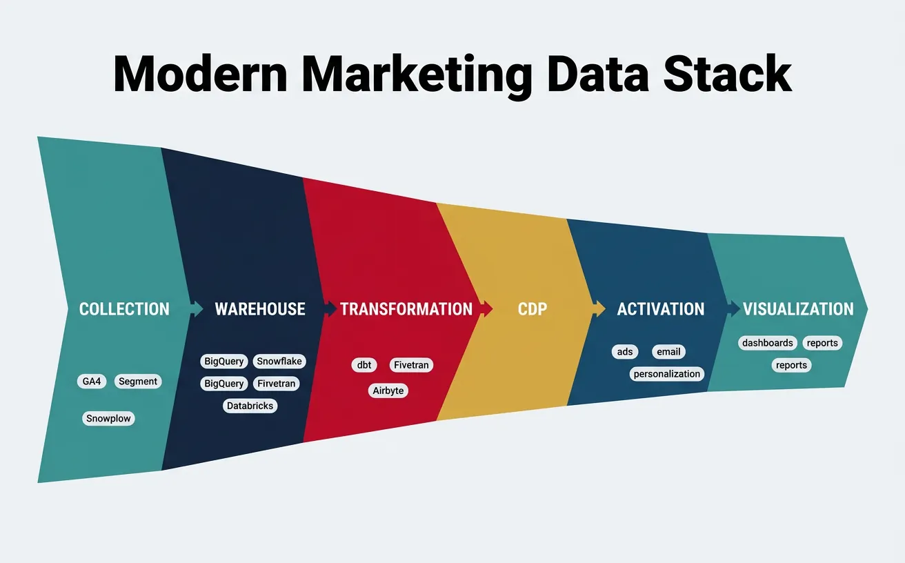 Modern marketing data stack layers: collection, storage, transformation, CDP, activation, and visualization