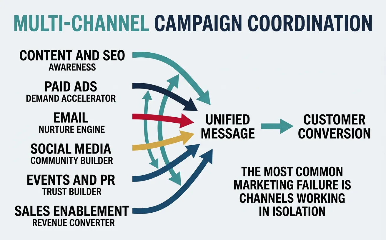 Flow diagram showing how different marketing channels coordinate in an integrated campaign