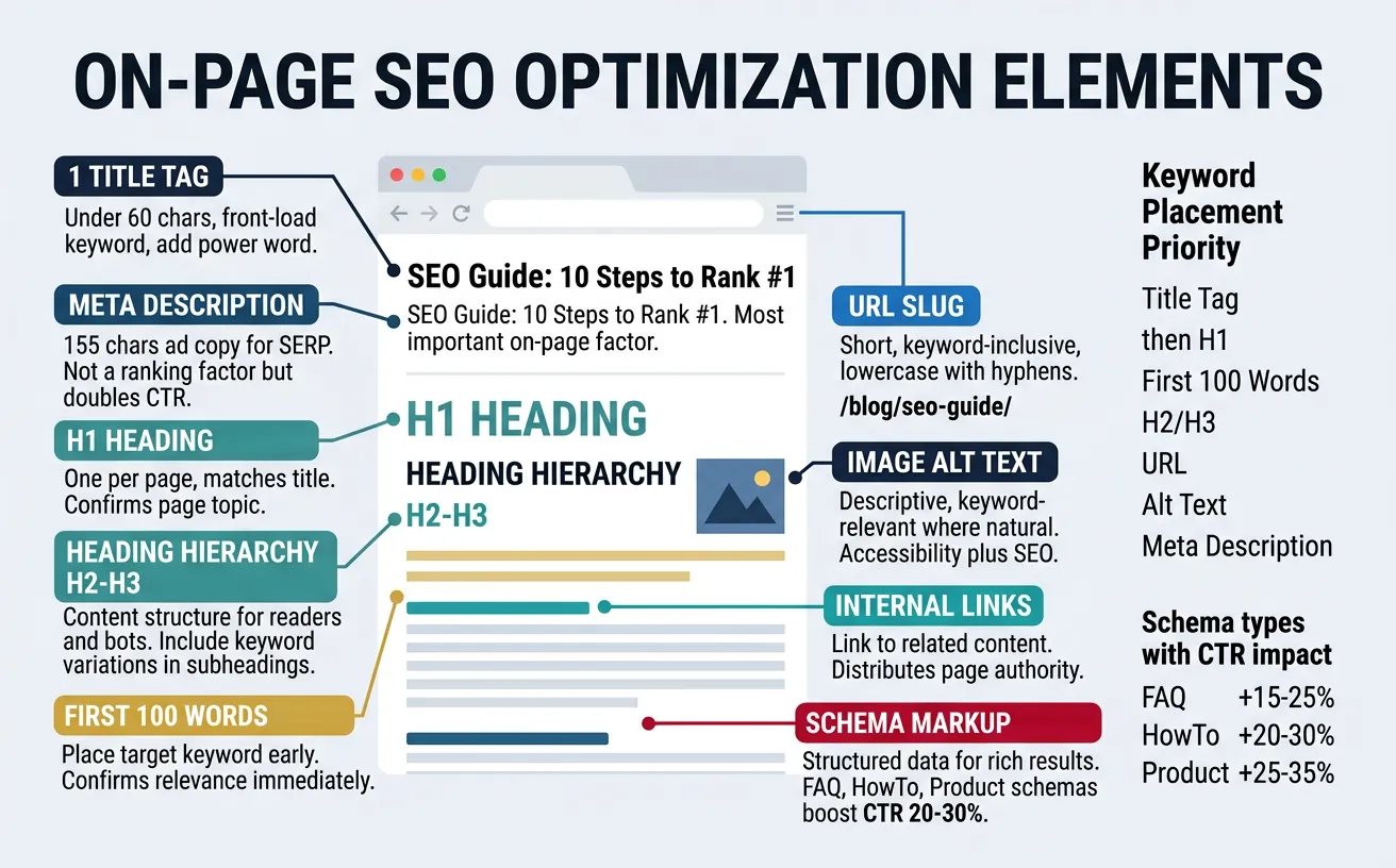 On-page SEO elements showing title tag, meta description, heading hierarchy, and keyword placement