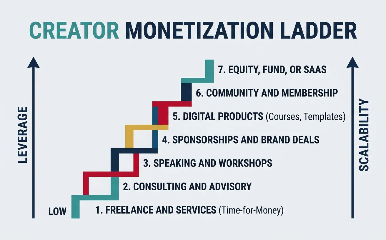 Creator monetization ladder — progressing from time-for-money to leveraged revenue streams