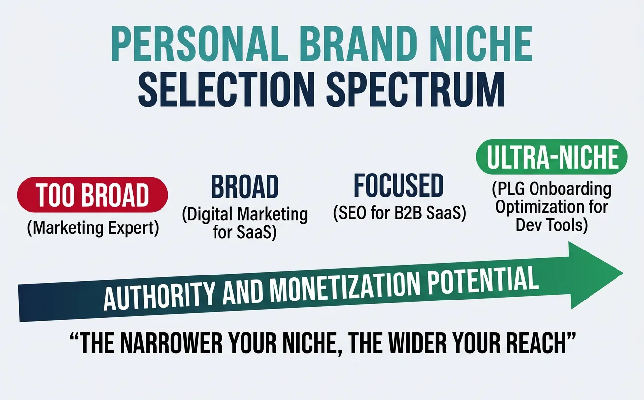 Personal brand niche selection spectrum from too broad to ultra-niche with revenue potential