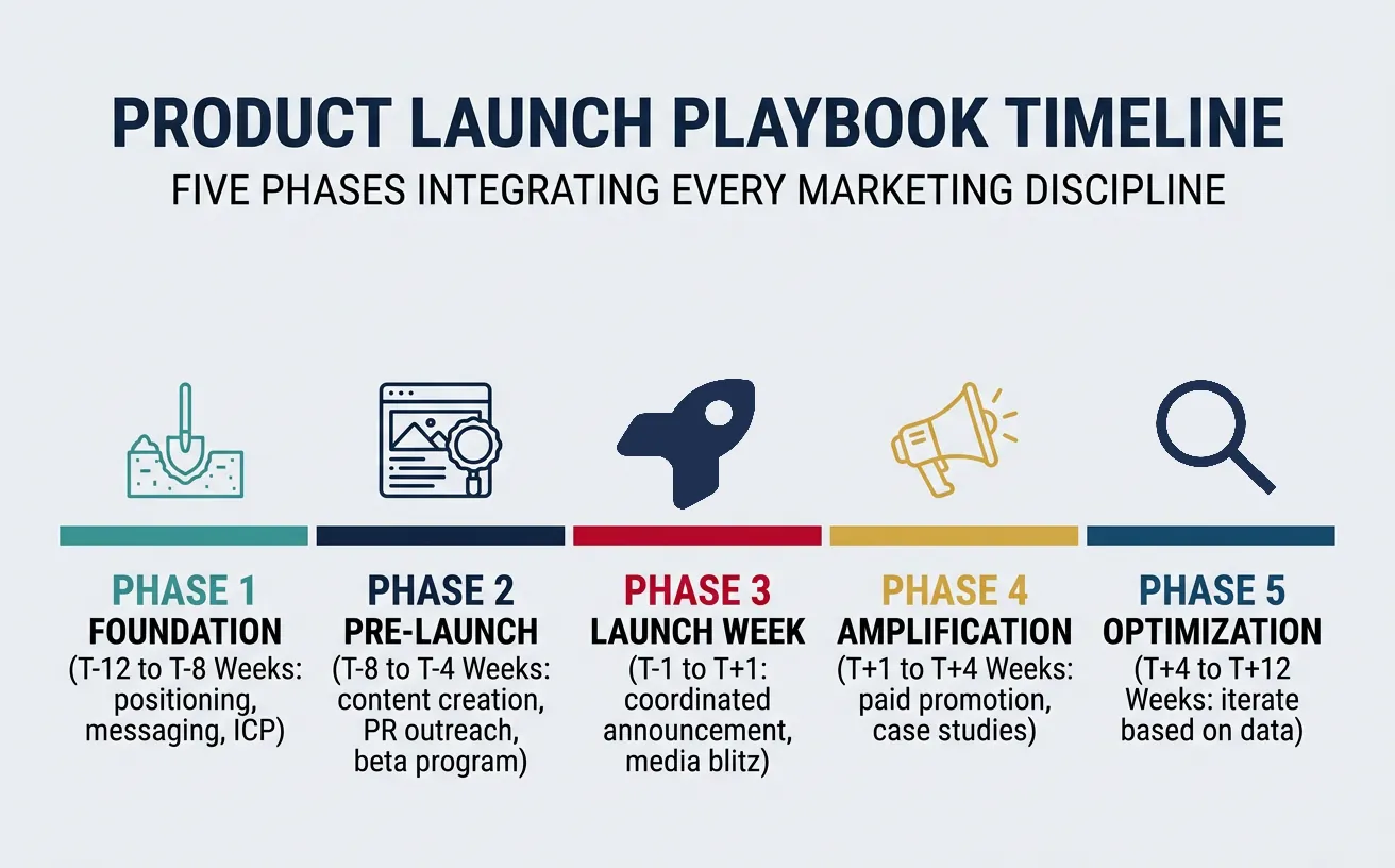 Timeline diagram showing the five phases of an integrated product launch playbook