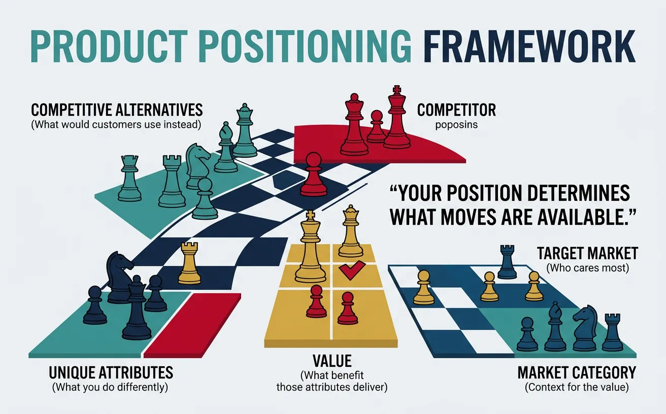 Chess board diagram illustrating product positioning as strategic placement against competitors