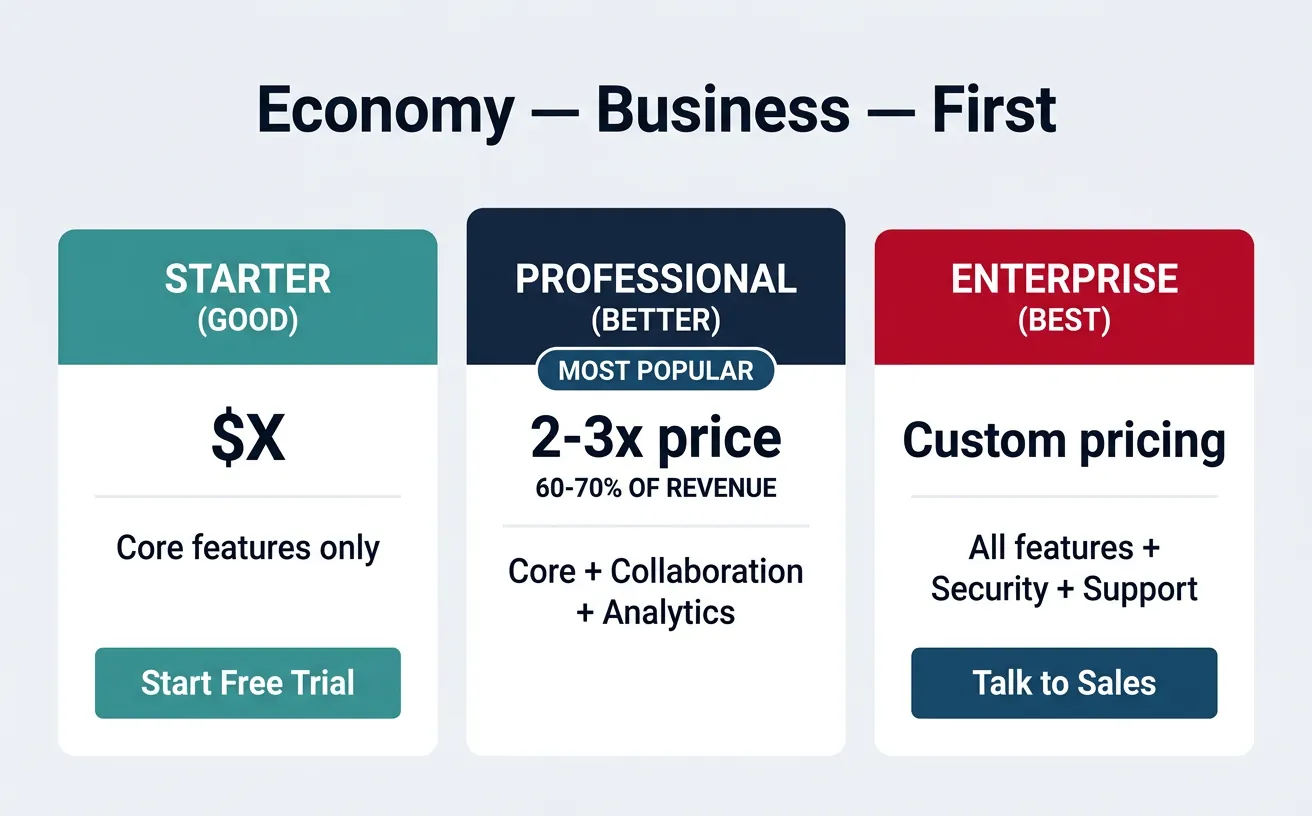 Good-Better-Best SaaS pricing tier framework showing starter, professional, and enterprise tiers with feature allocation