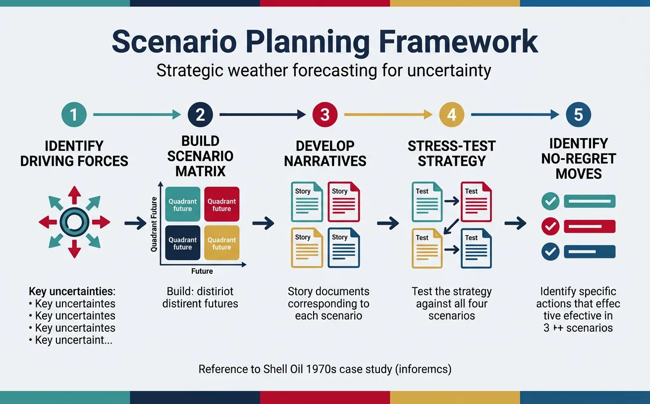 Scenario planning framework — developing plausible futures and identifying no-regret strategic moves