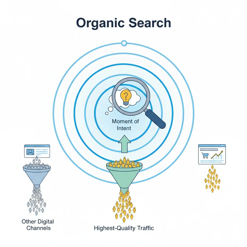Diagram showing how SEO captures high-intent search traffic compared to paid advertising
