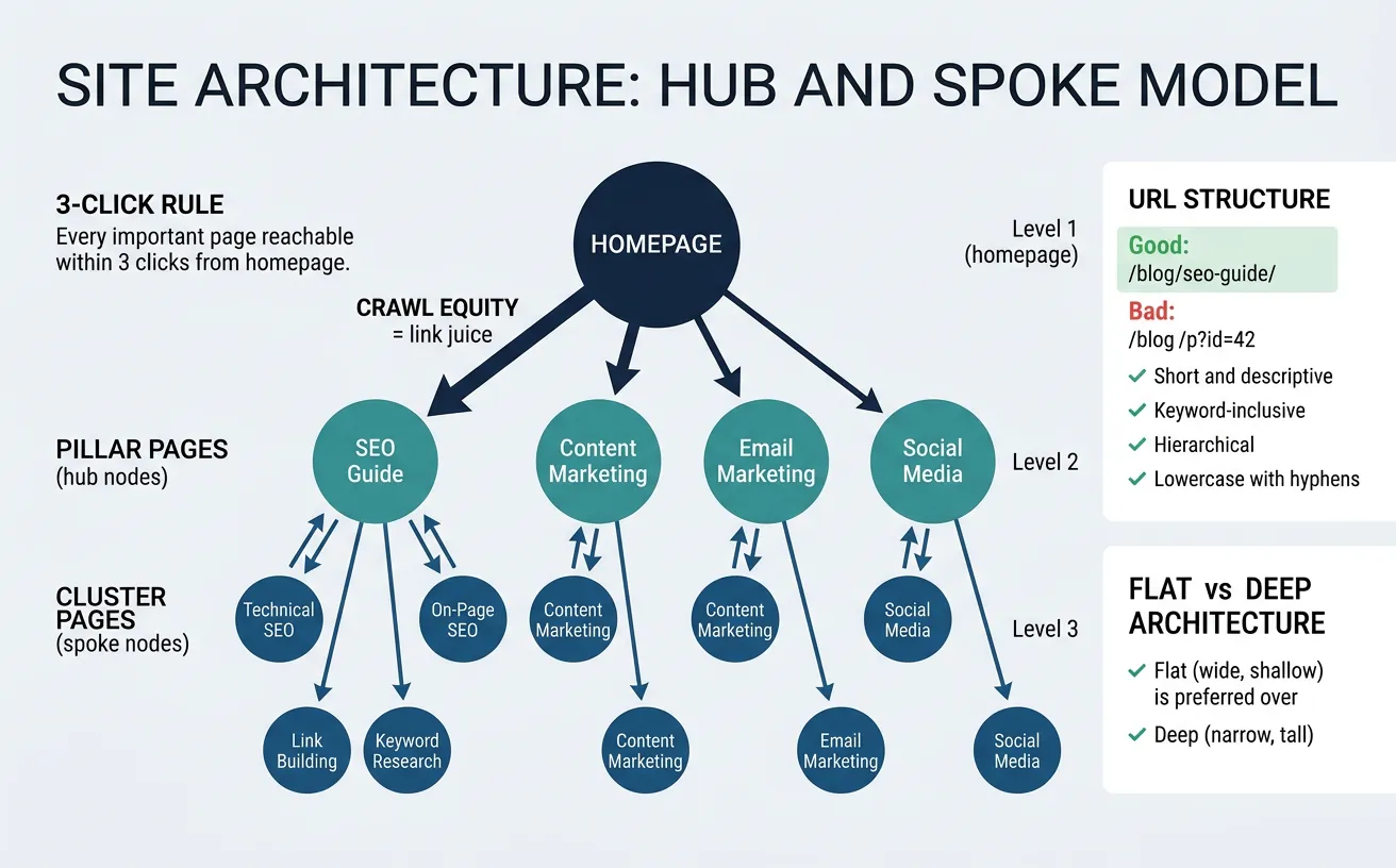 Website site architecture showing flat hierarchy with hub-and-spoke model