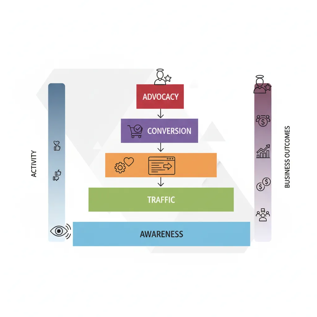 Social media metrics hierarchy from awareness through engagement, traffic, conversion, to advocacy