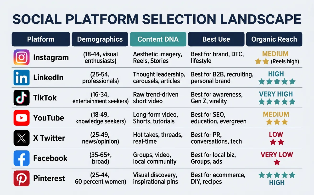 Social media platform landscape showing different audience demographics and content formats