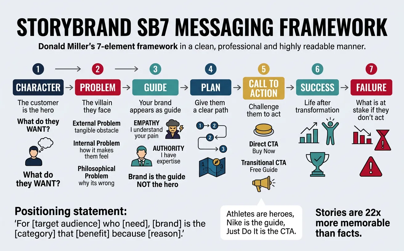 Donald Miller StoryBrand SB7 messaging framework showing the seven elements from character to resolution