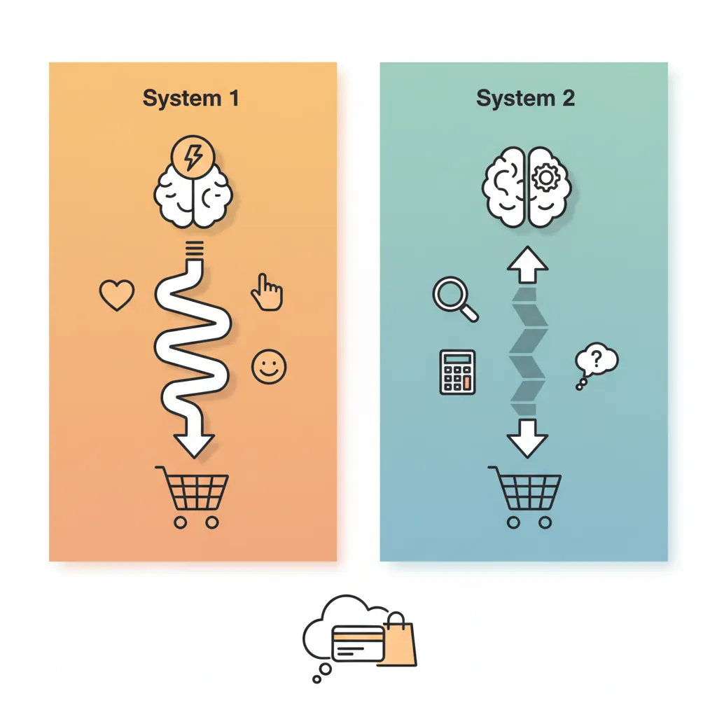 Diagram illustrating System 1 fast intuitive thinking versus System 2 slow analytical thinking in consumer decision-making