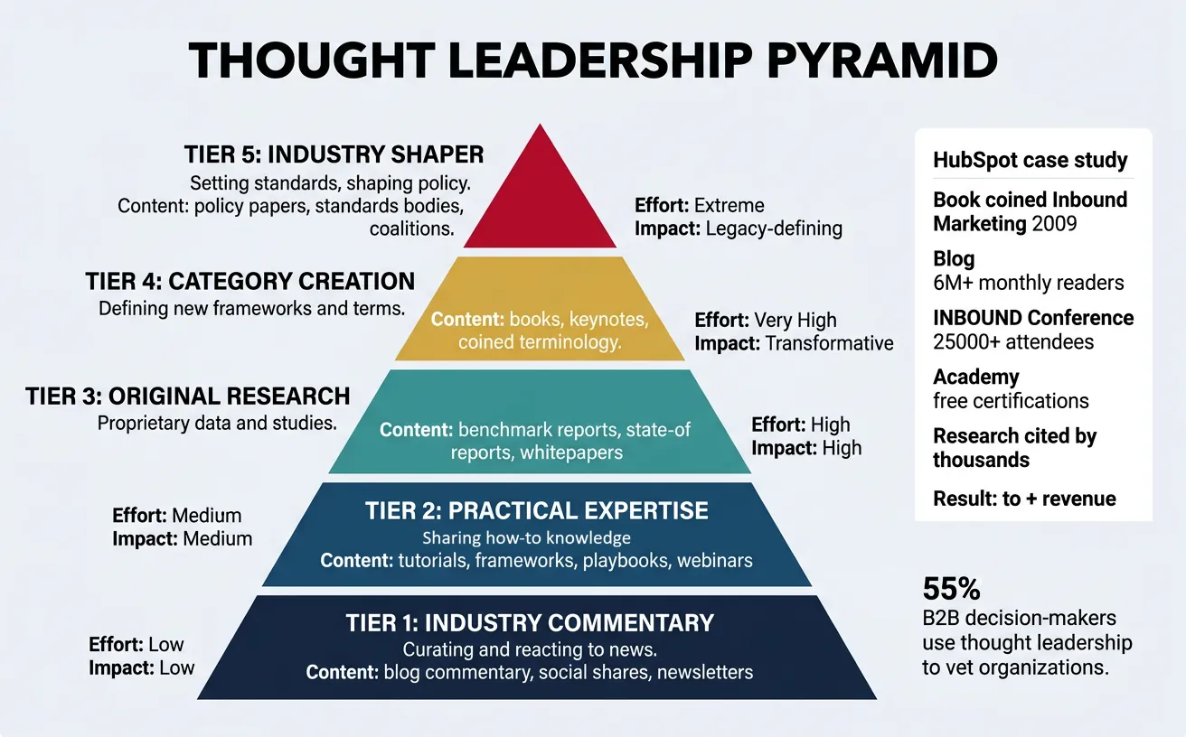 Thought leadership pyramid showing progression from industry commentary to original research and category creation