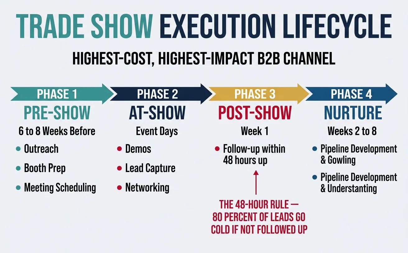 Trade show conference execution timeline from pre-show planning to post-event nurture