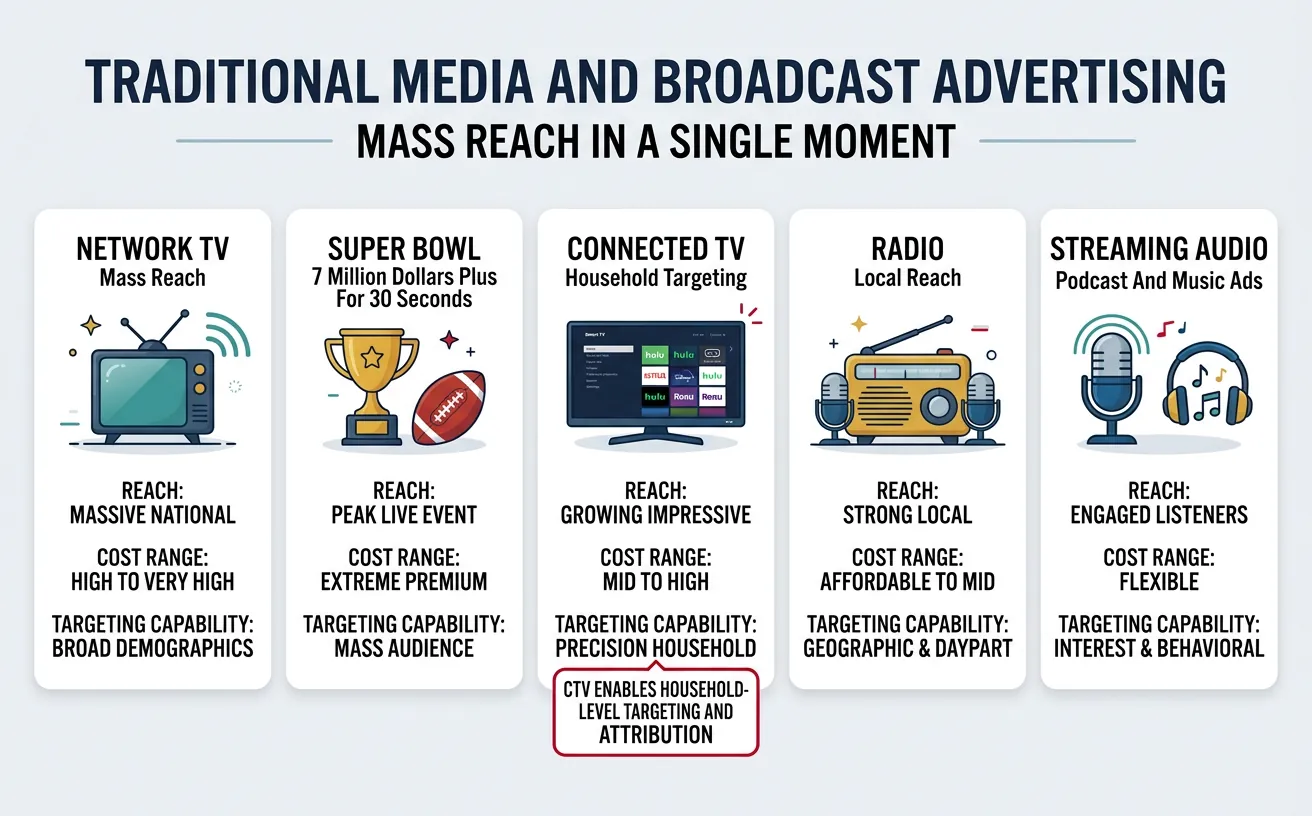 Traditional media advertising — broadcast, CTV, and streaming audio channel comparison