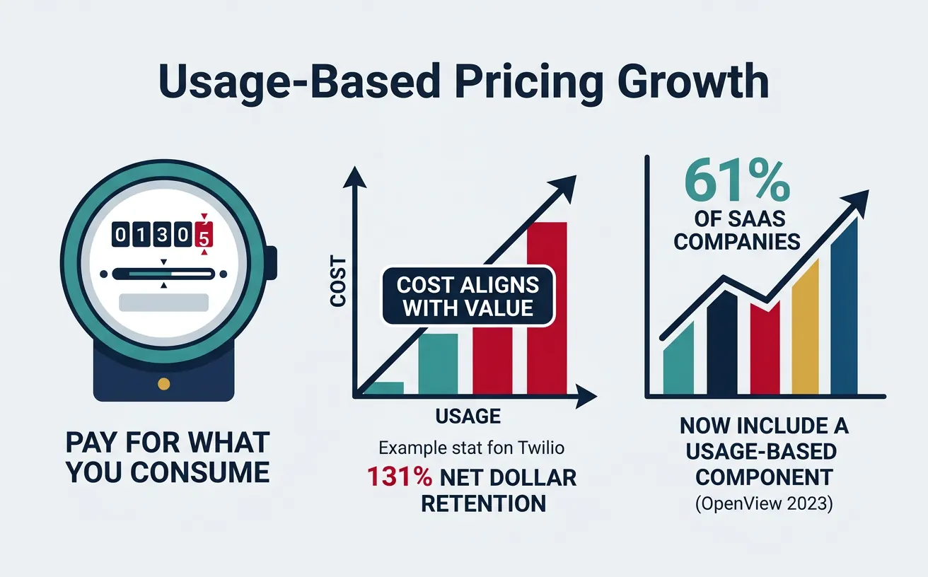 Usage-based pricing model showing how cost aligns with value consumed and its rapid adoption across SaaS companies