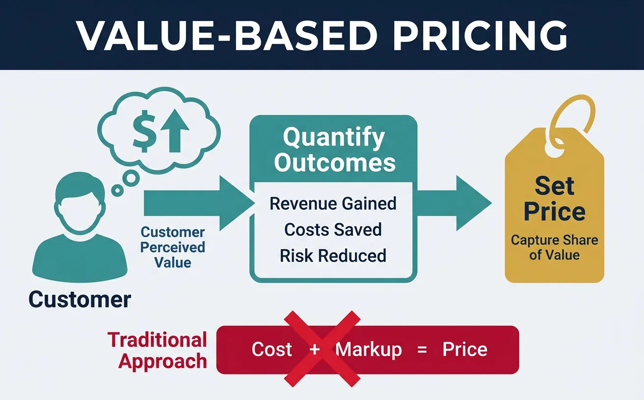 Value-based pricing methodology showing how to quantify customer value and set prices based on outcomes rather than costs