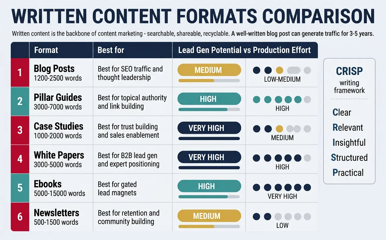 Comparison chart of written content formats by lead generation potential and production effort