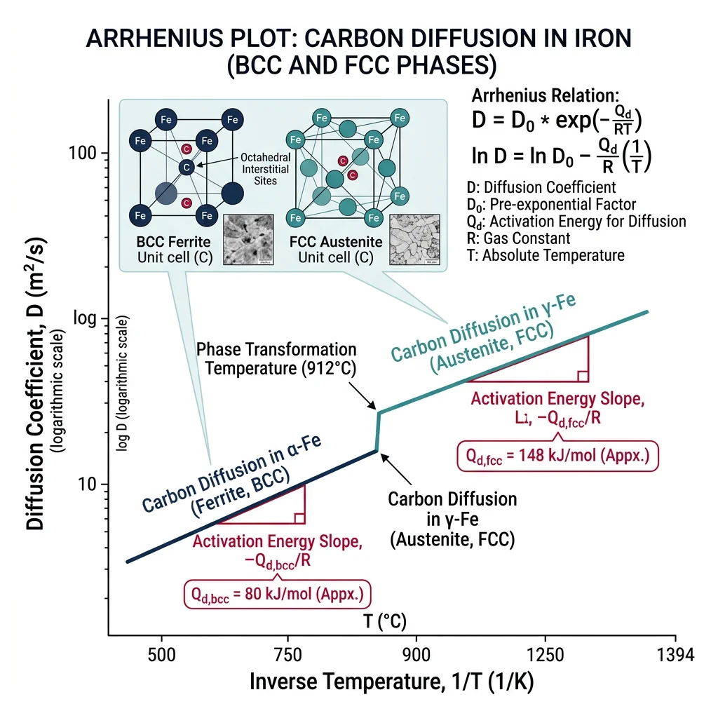 Arrhenius plot showing diffusion coefficient vs inverse temperature for carbon in iron, with activation energy slope