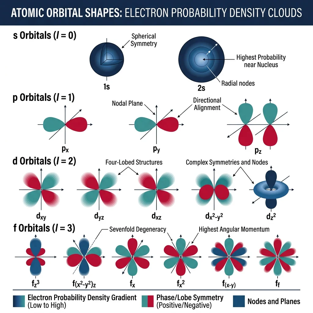 Diagram showing s, p, d, and f atomic orbital shapes with electron probability density clouds