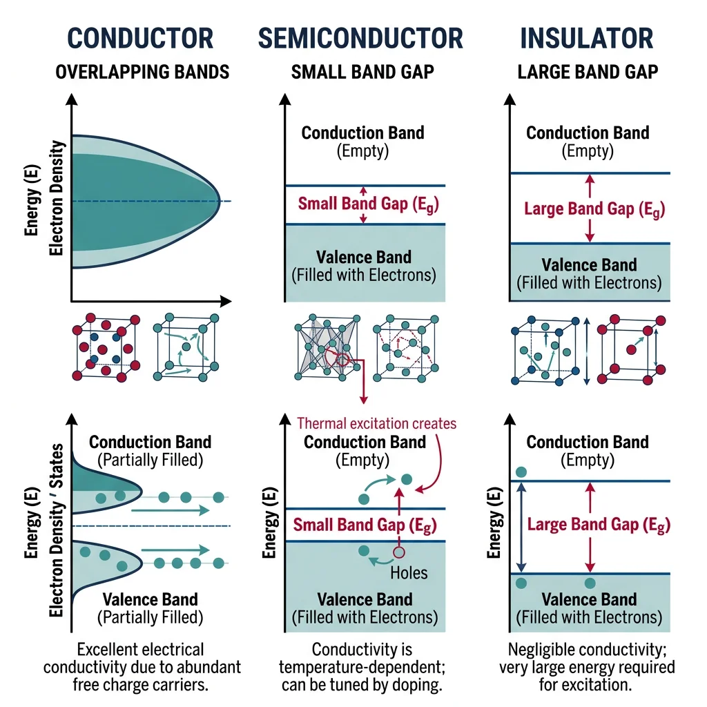 Energy band diagram comparing conductors with overlapping bands, semiconductors with small band gaps, and insulators with large band gaps