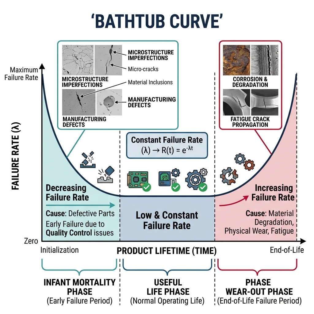 Bathtub curve showing failure rate over product lifetime with infant mortality, useful life, and wear-out phases