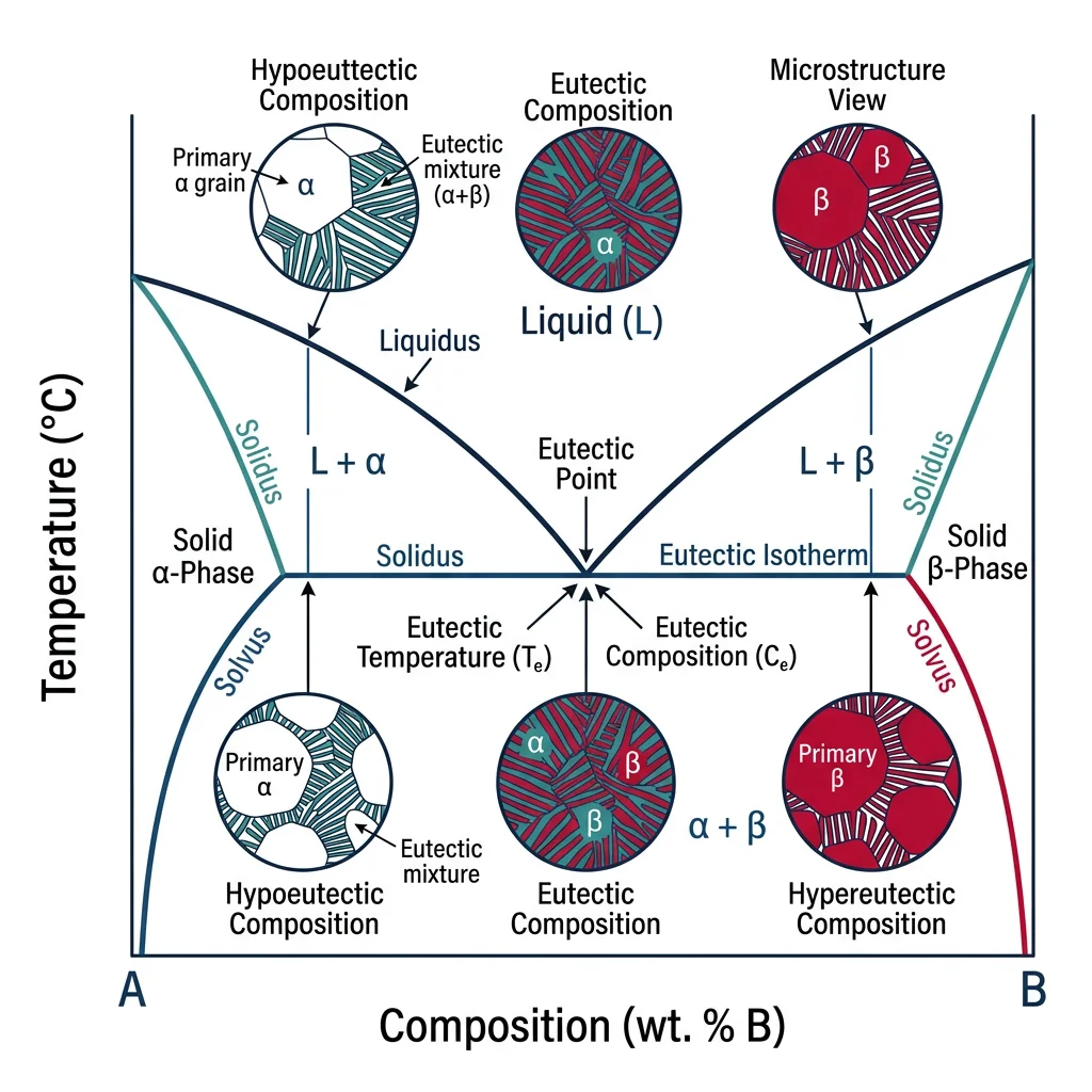 Annotated binary eutectic phase diagram showing liquidus, solidus, solvus lines, eutectic point, and two-phase regions