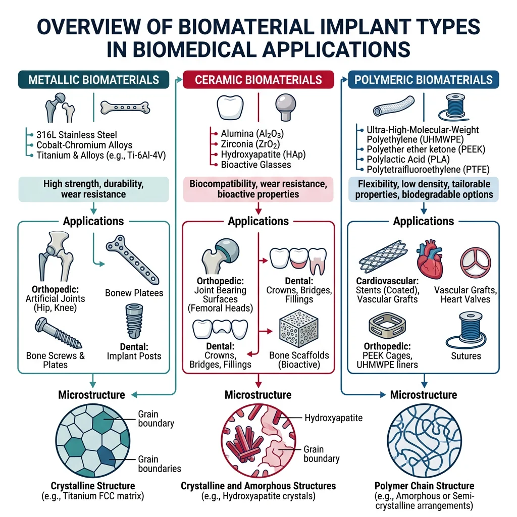 Overview of biomaterial implant types showing metallic, ceramic, and polymeric materials used in orthopedic, dental, and cardiovascular applications